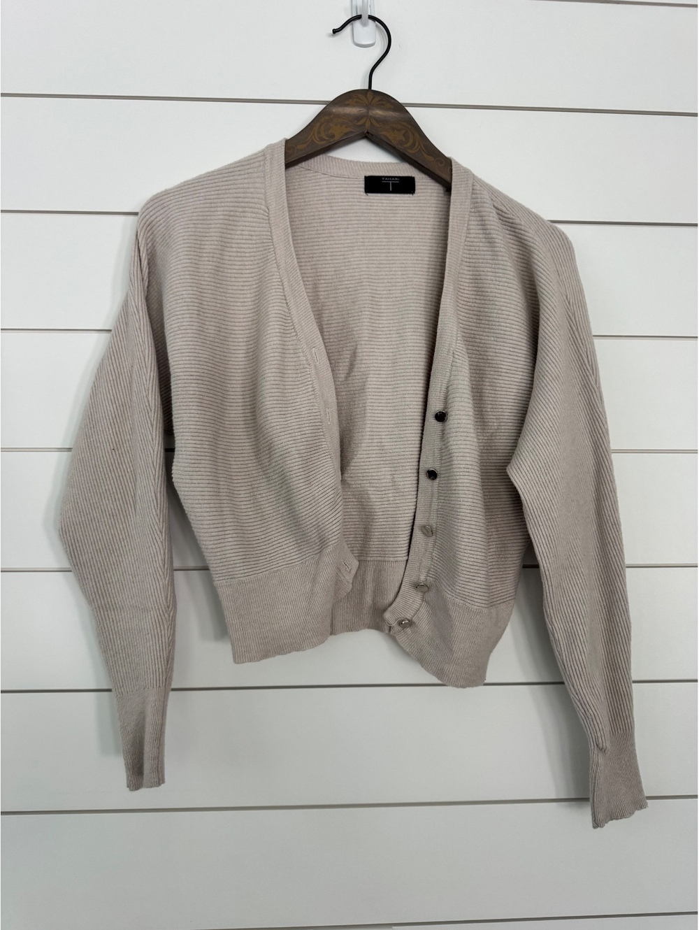 Tahari Beige Ribbed Button-Up Cardigan Sweater Small